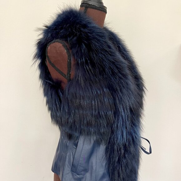 NWOT Leather Vest Navy Blue Real Fox Fur XS size - Picture 2 of 16